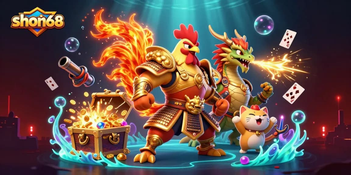 Experience excitement with shon68 as gaming characters battle amidst treasure and vibrant elements.