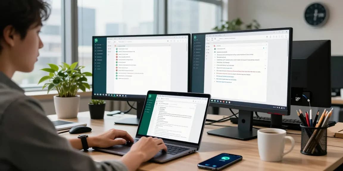 Using WhatsApp網頁版 on a laptop, showcasing a modern workspace with chat windows and natural light.