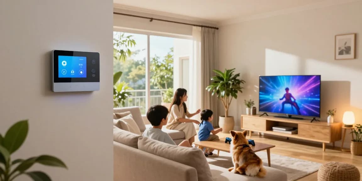 Cozy living room featuring a smart thermostat alongside family interactions and smart home devices.