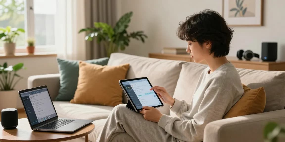 Engaging with nsfw ai technology in a cozy, modern apartment setting with stylish decor.