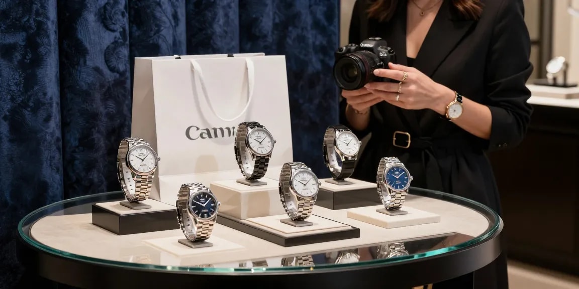 Elegant display of super clone watches in a luxury boutique showcasing fine craftsmanship and design.