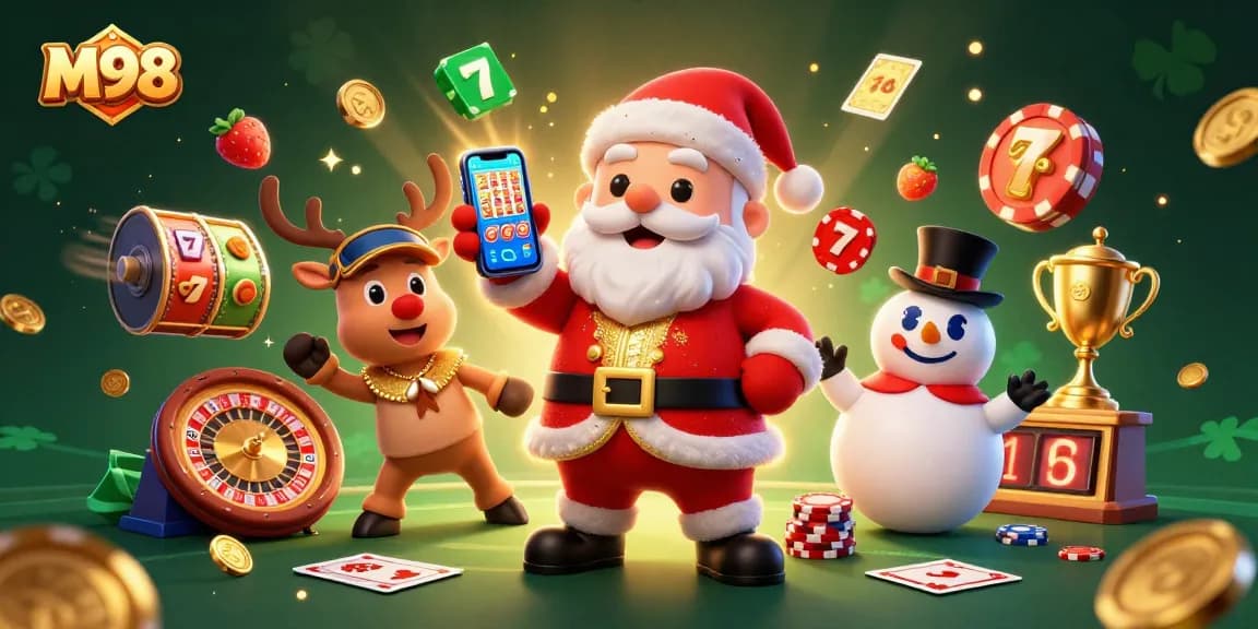 M98 brings thrilling casino action with Santa and friends celebrating wins in a vibrant gaming scene.