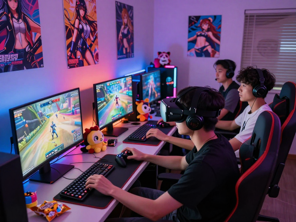 Engaging gamers enjoying a hentai game session in a dimly lit room with colorful LED lights.