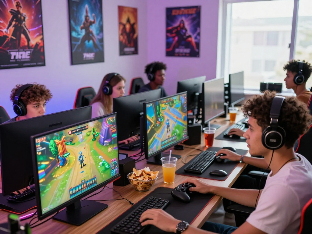 Diverse gamers enjoying an interactive adult game online, surrounded by vibrant visuals and gaming accessories.