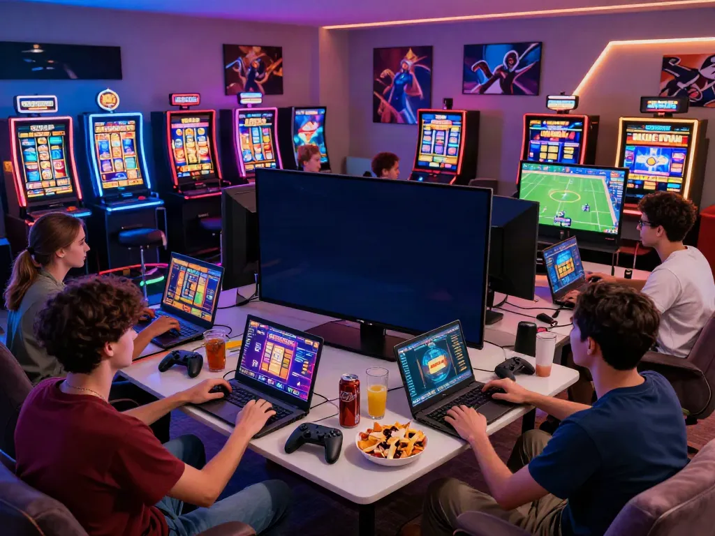 Friends enjoying a lively gaming session with gem 88 slot and sports betting on screens.