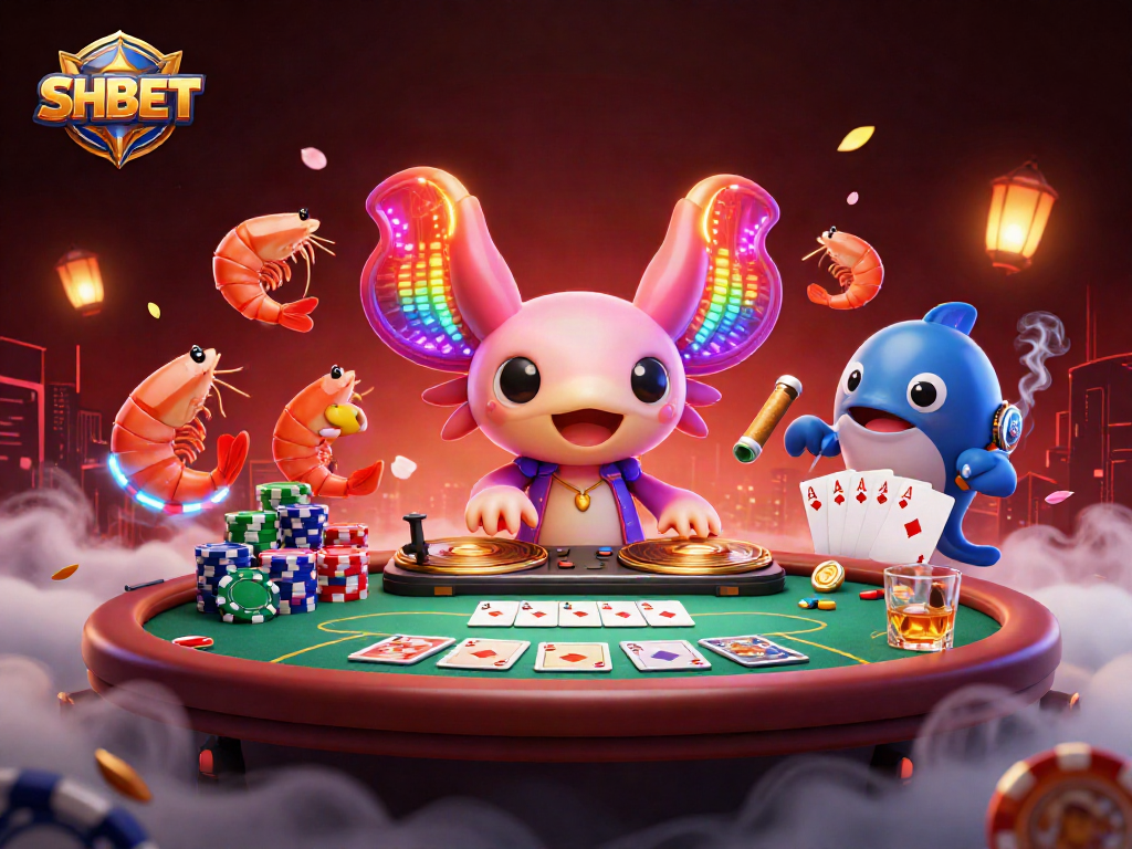 Engage with SHBET in a vibrant casino scene featuring a neon-colored axolotl DJ and casino elements.