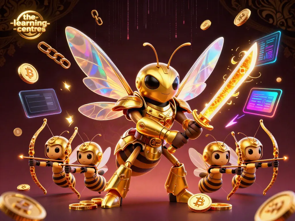 The-learning-centres engages players with a dynamic 3D illustration of a golden hornet samurai amidst crypto coins.