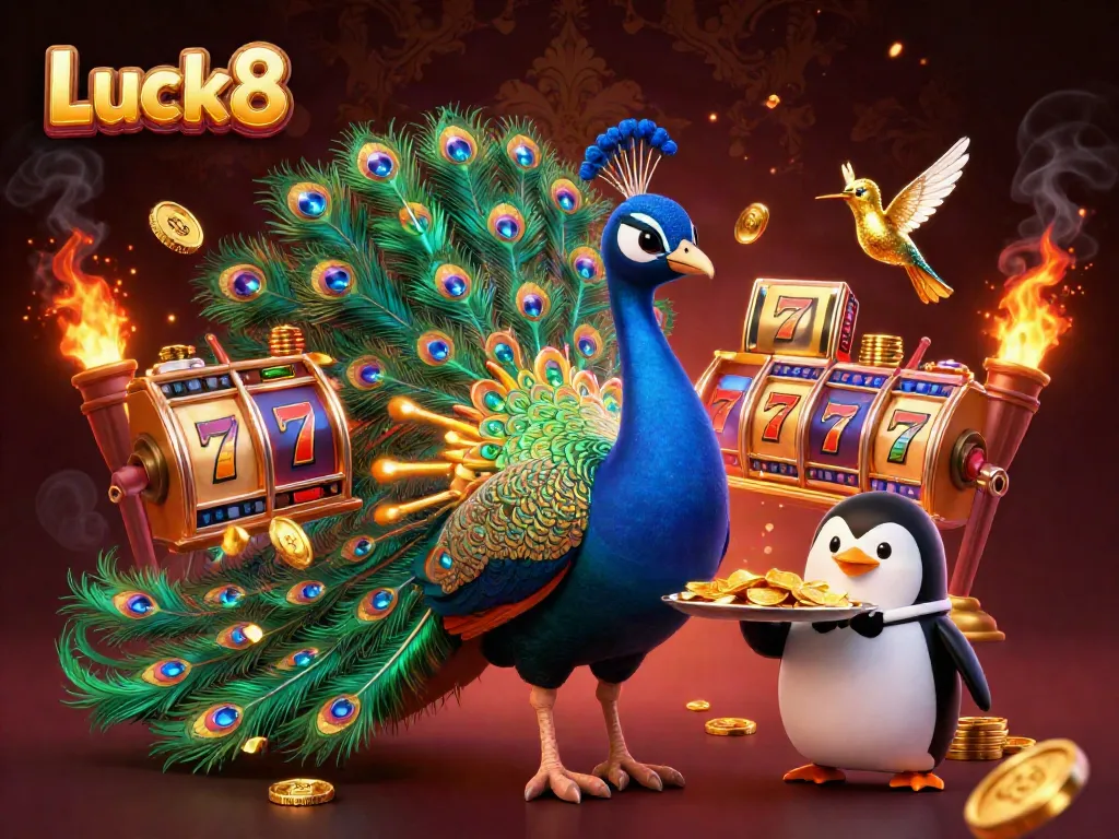 Experience the thrill of Luck8 with vibrant casino elements and iconic characters in this detailed illustration.