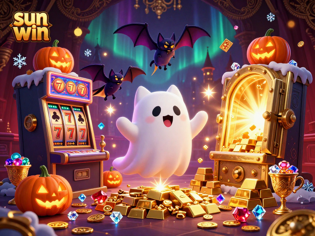 Experience the excitement of sun win with a ghost cat and bat in a haunted casino scene.