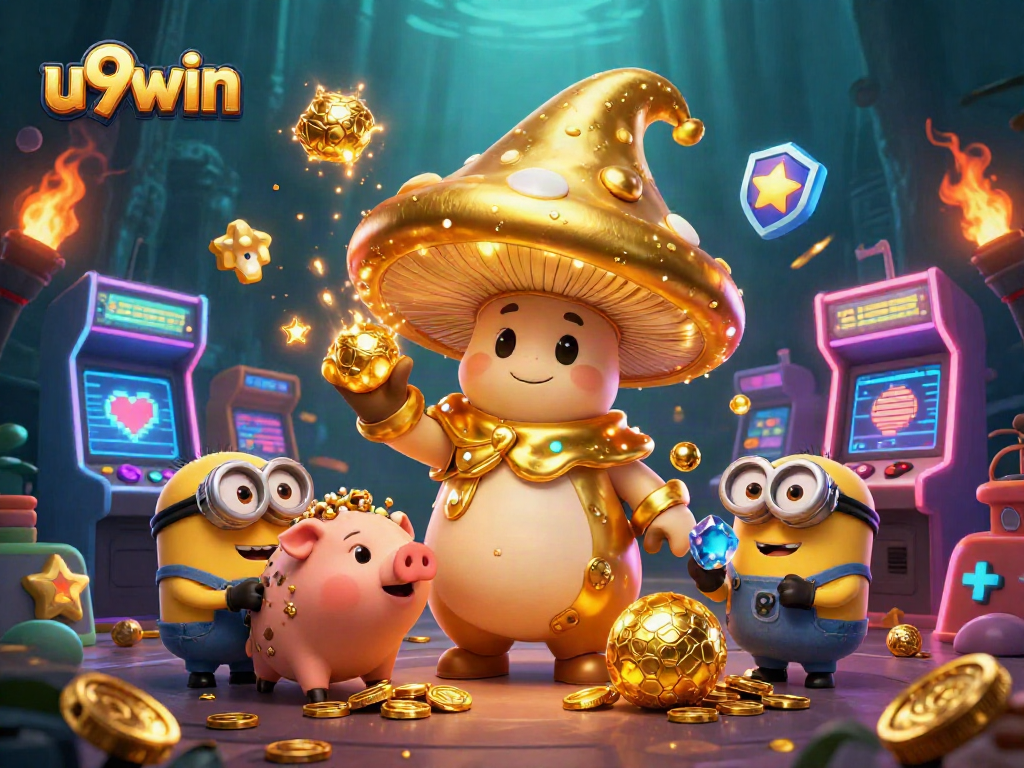 Experience the magic of u9win with golden treasures and 3D gaming action in this dynamic casino scene.