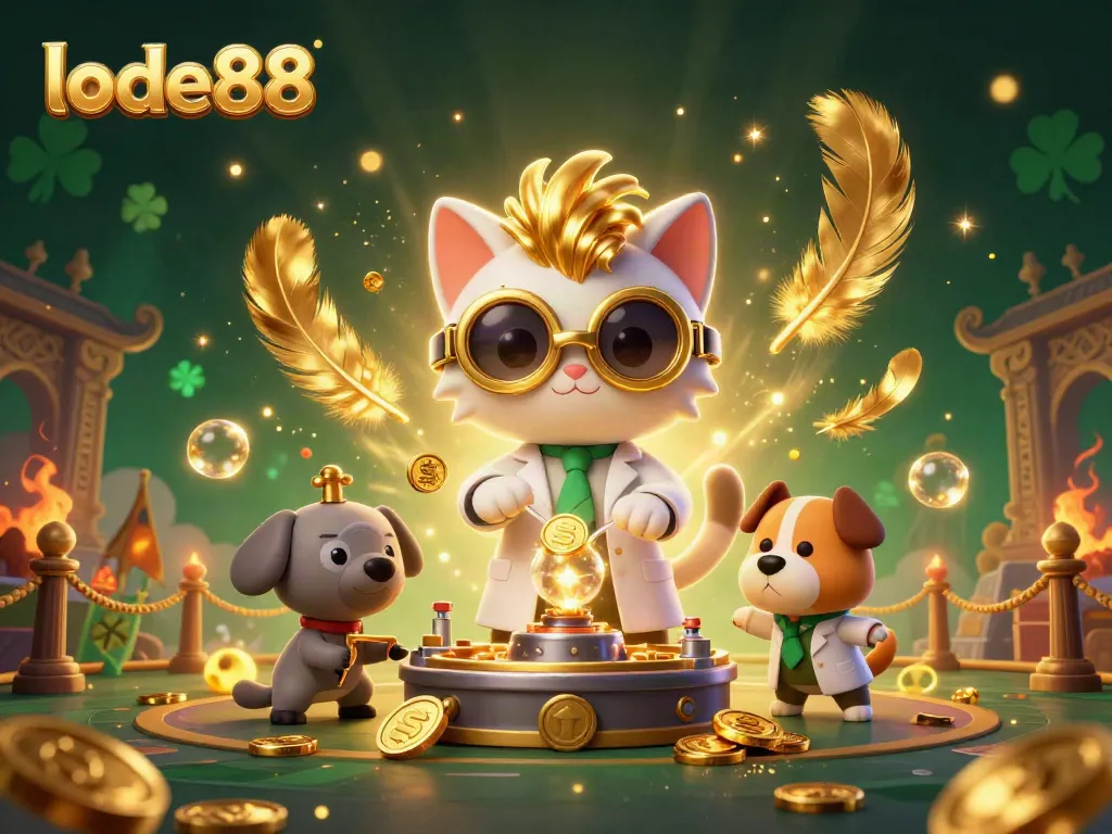 Immerse in Lode88's vibrant 3D casino scene featuring a creative mad scientist cat and loyal assistant.