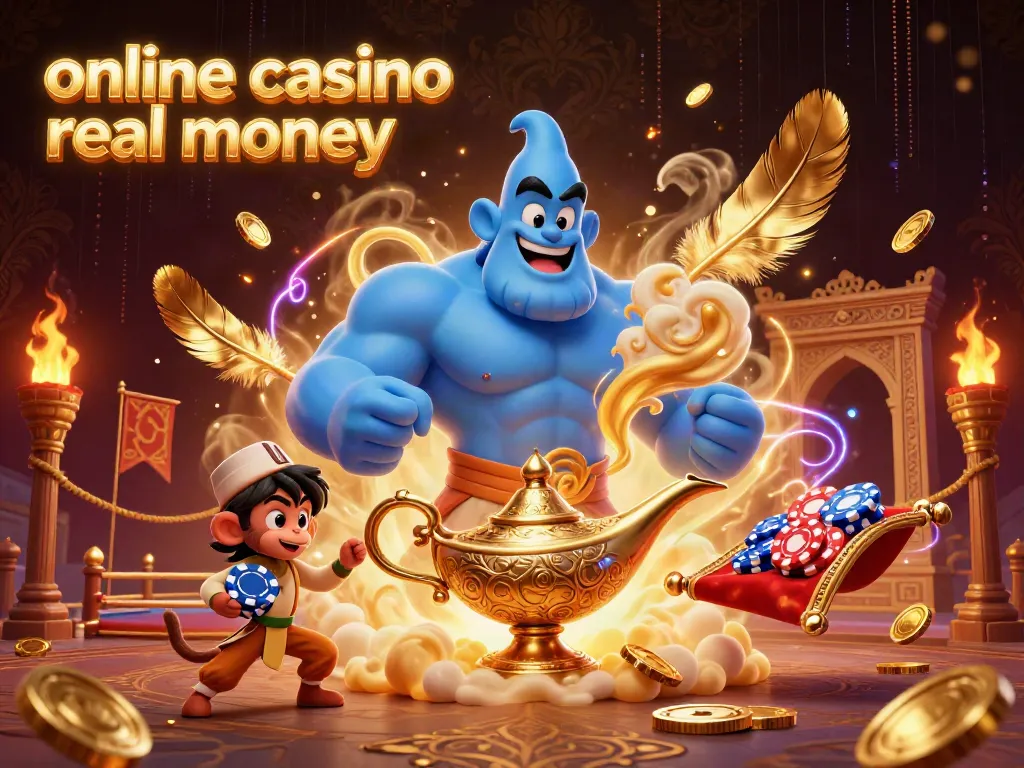 Experience thrilling magic with an online casino real money genie bursting from a lamp surrounded by poker elements.