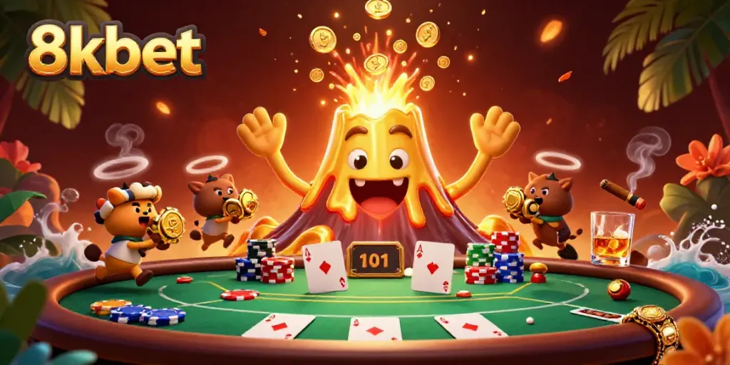 Experience the thrilling eruption of 8xbet, featuring a golden volcano showering coins and treasures in a lively casino scene.