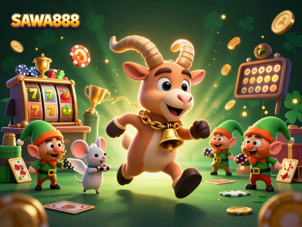 SAWA888 features 3D characters in a festive casino atmosphere filled with slot reels and jackpot excitement.