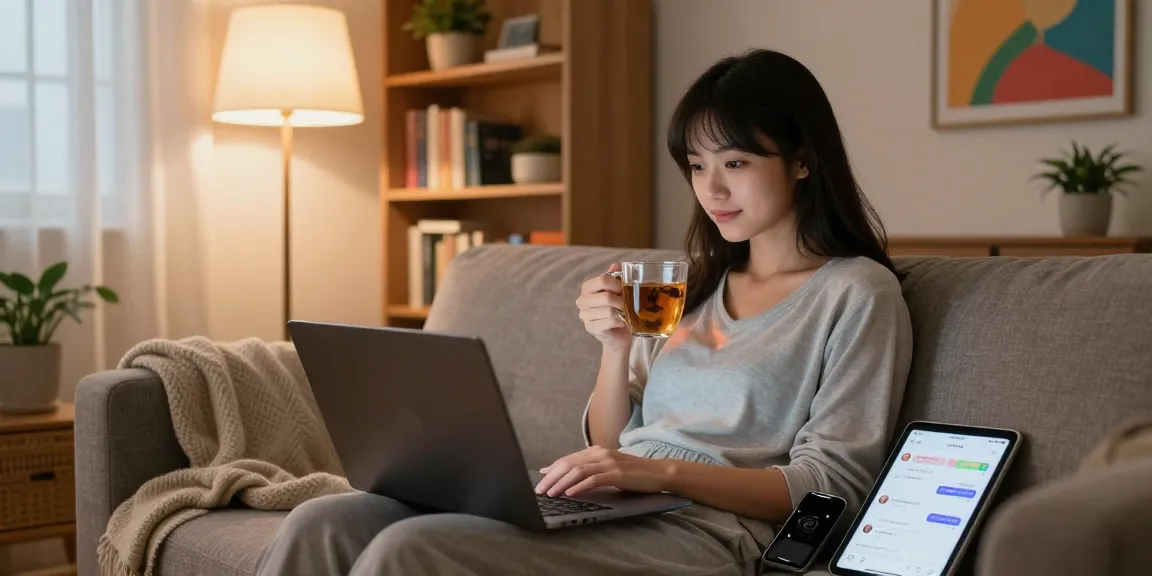 Young woman engaging in ai sex chat in cozy home environment with laptop and tea.
