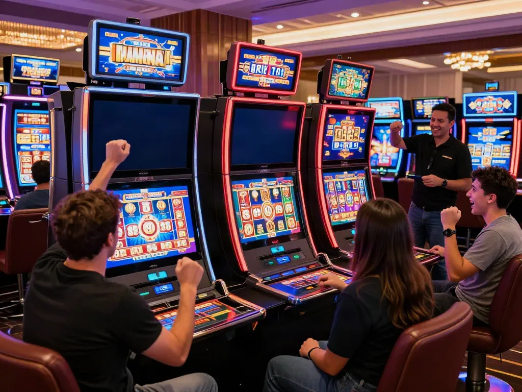 Players engaging with slots that accept credit cards in a modern casino setting, showcasing excitement and vibrant atmosphere.
