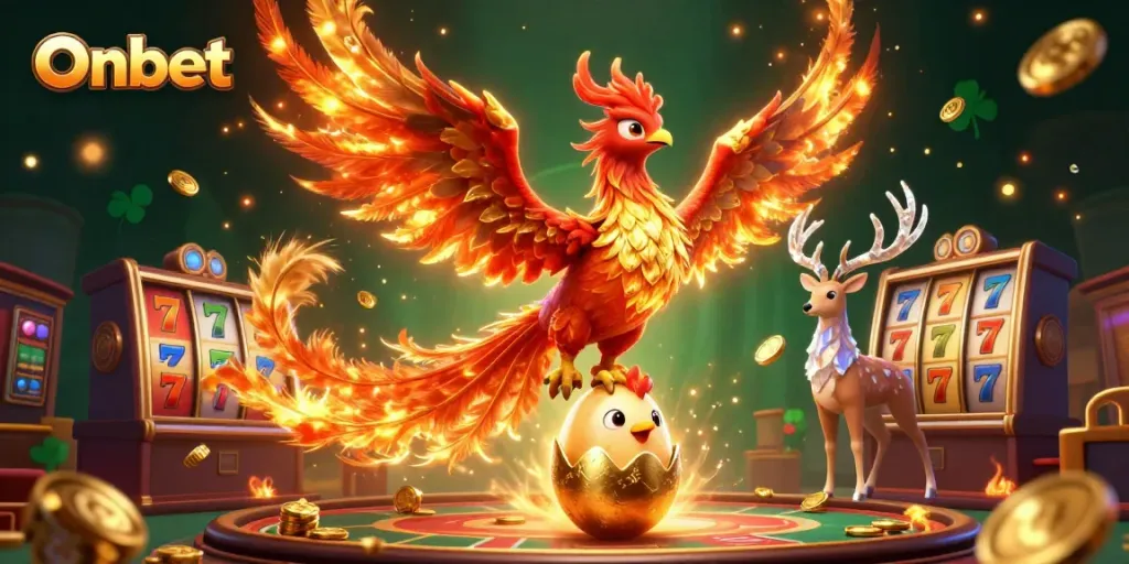 Onbet’s vibrant casino world brings a 3D phoenix to life amidst glittering slot reels and gold tokens.