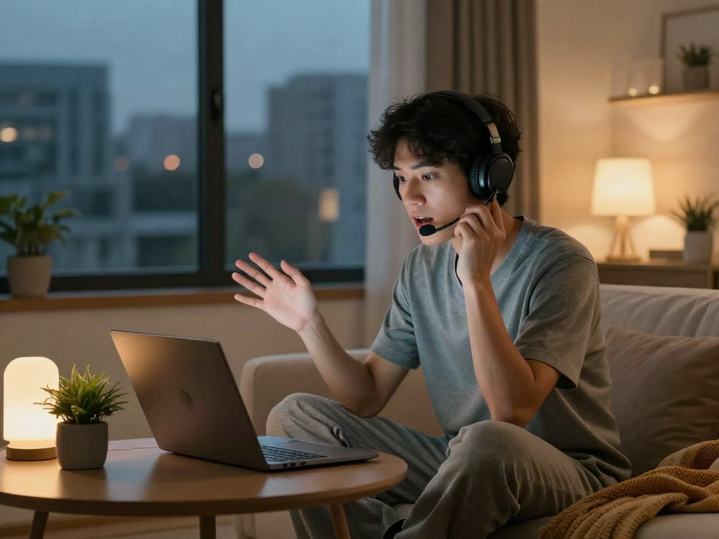 Engaging in ai sex chat on a laptop in a cozy modern living room with ambient lighting.