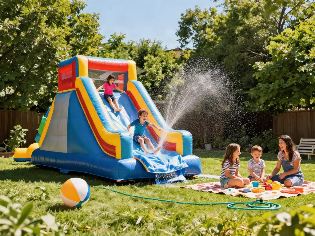 Children enjoying a slip and slide on a sunny summer day in the backyard.