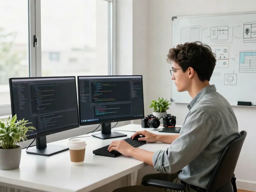 Developer coding with instant indexing tools at a modern tech workspace.
