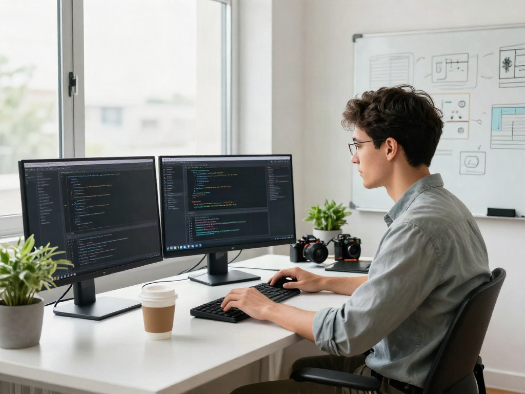 Developer coding with instant indexing tools at a modern tech workspace.