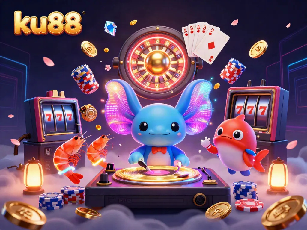 Experience the vibrant action at ku88 with neon-colored axolotl DJ spinning under swirling casino lights.