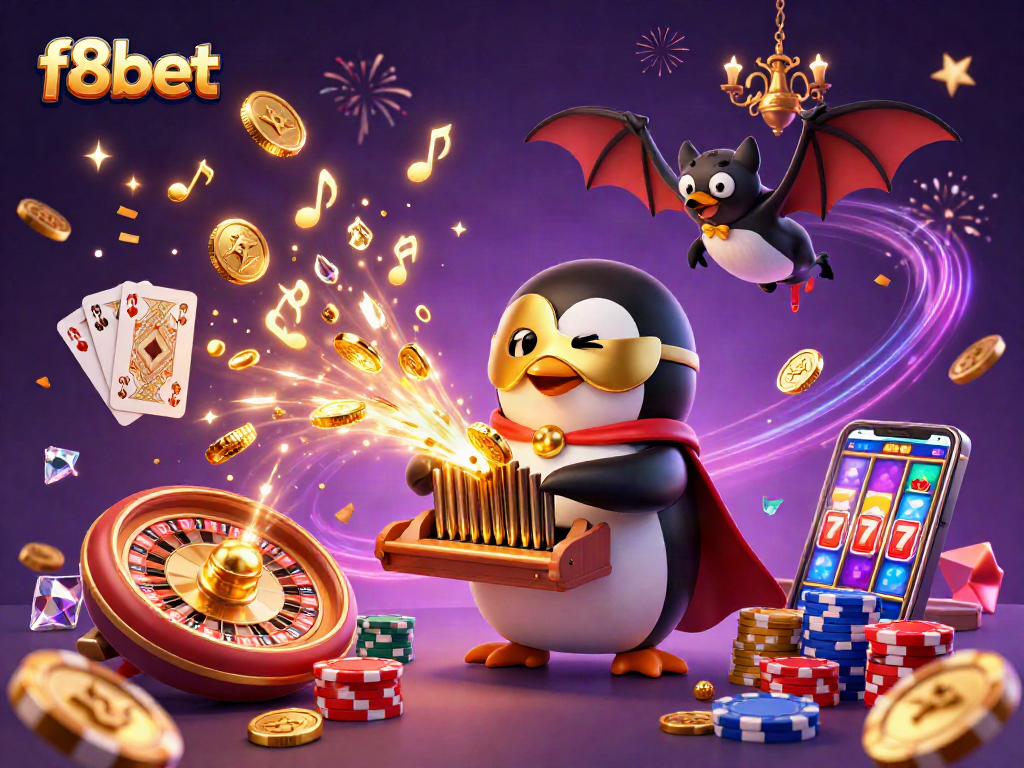 f8bet showcases an exciting casino scene with a playful penguin organist and glittering elements.