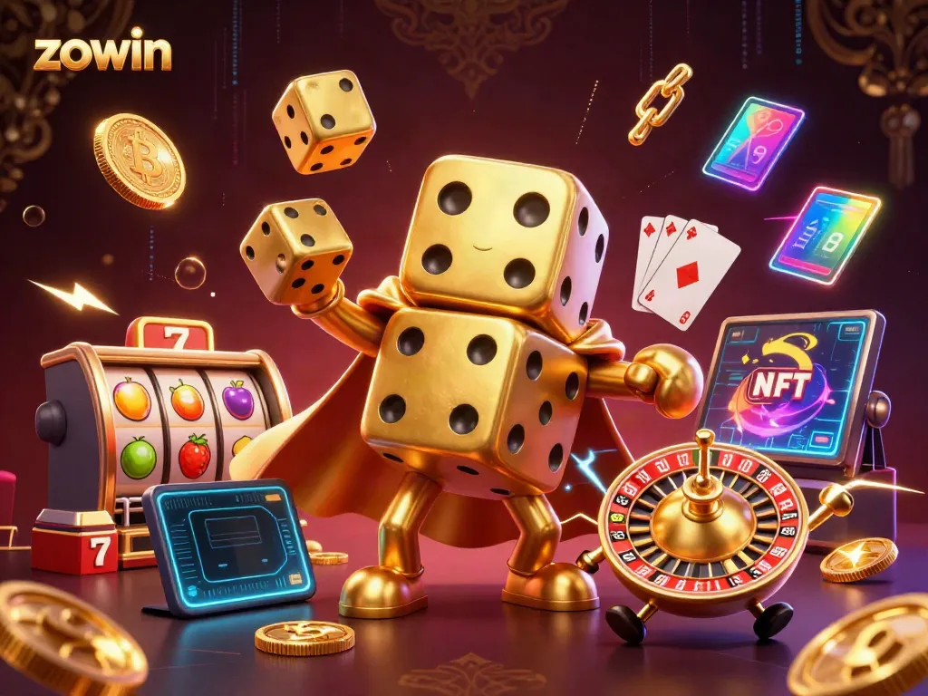 Experience electrifying wins with zowin at a colorful casino-themed 3D illustration featuring vibrant characters and game elements.