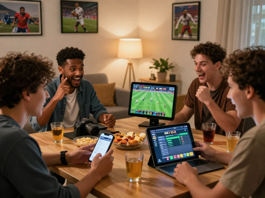 Friends enjoying online betting experience with EK 333 platform in a lively living room setting
