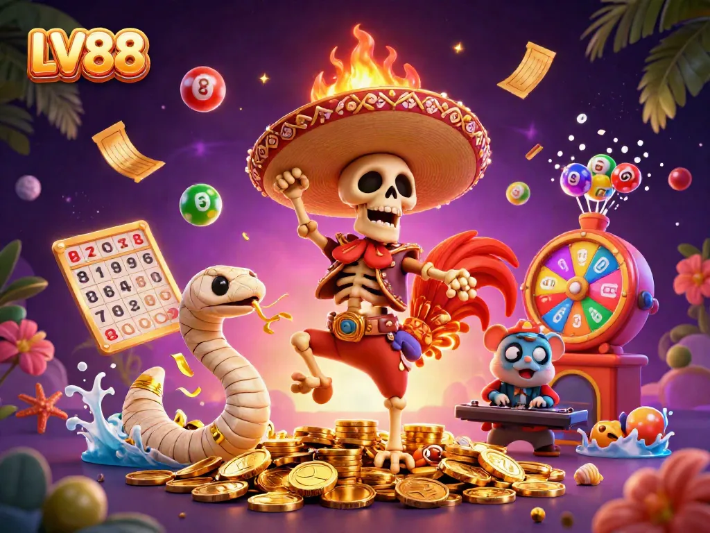 Celebrate winning with LV88's festive 3D scene featuring unique characters and dynamic casino elements.