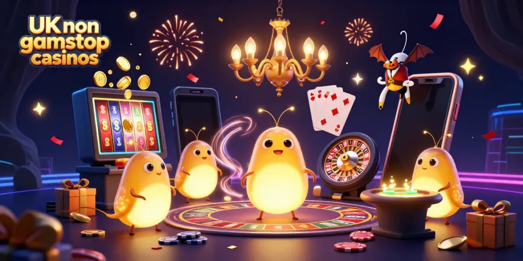 Engaging scene showcasing UK non gamstop casinos with glowworms and vibrant gaming elements.