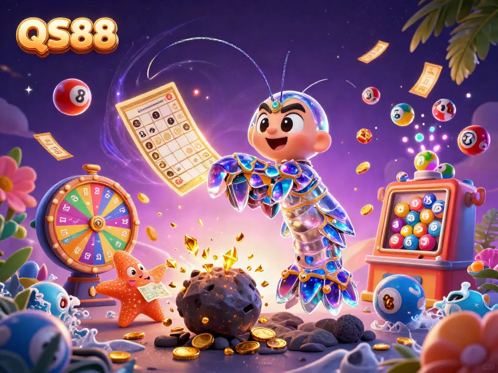 Experience the excitement of QS88's games with vibrant lottery balls and golden treasures in a dynamic 3D scene.