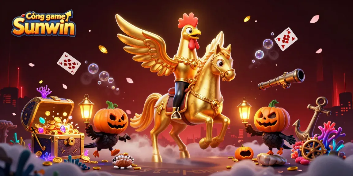 Cổng game Sunwin features a golden rooster headless horseman riding through a vibrant, dynamic casino scene.