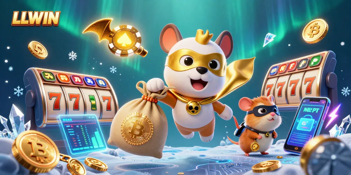 LLWIN casino illustration with a superhero dog and hamster alongside vibrant slot elements, showcasing the thrilling gaming experience.