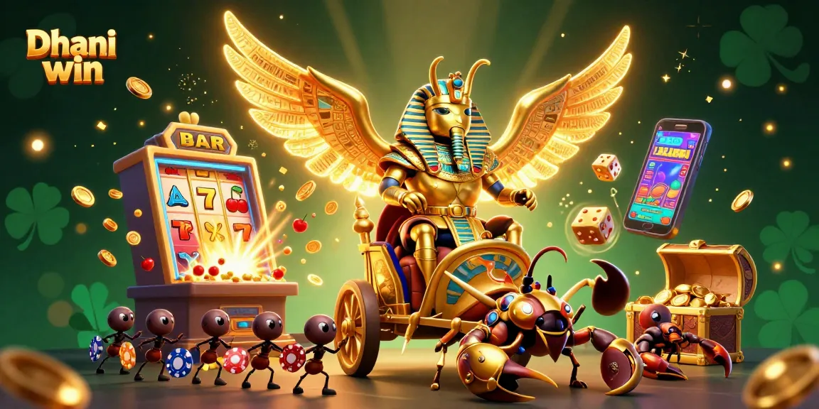 Dhani win brings excitement with vibrant casino elements, epic games, and colorful rewards in a dynamic illustration.