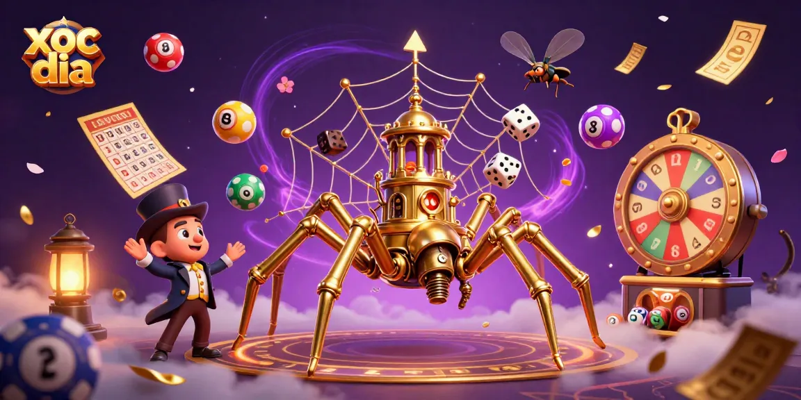 Engage in xoc dia with a steampunk spider weaving golden chains around vibrant gambling elements.