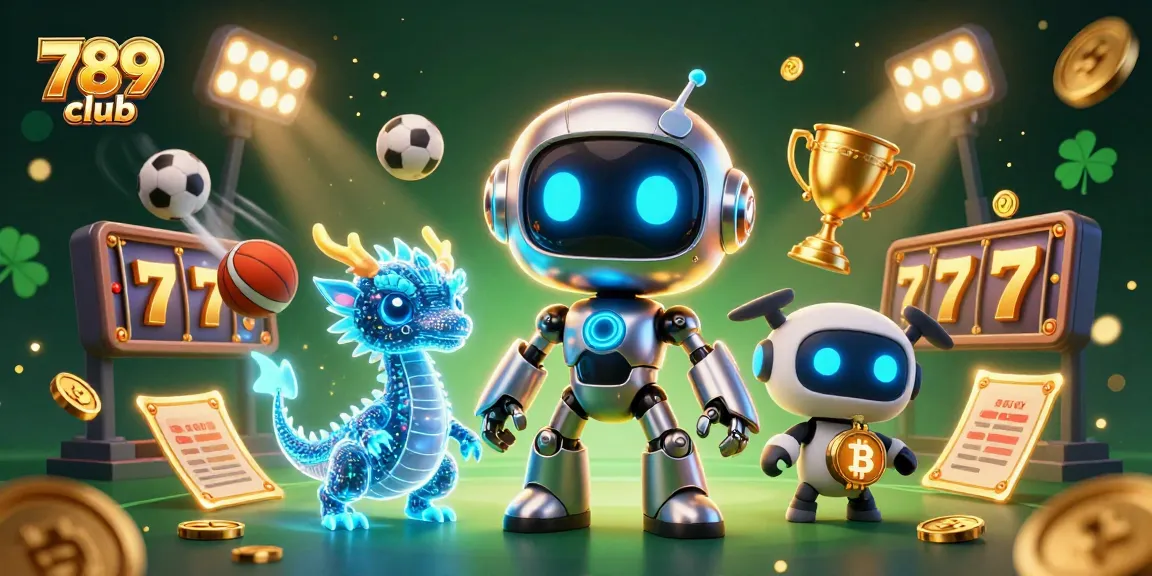 Engage with 789 club's thrilling atmosphere featuring a cyberpunk robot and game elements.