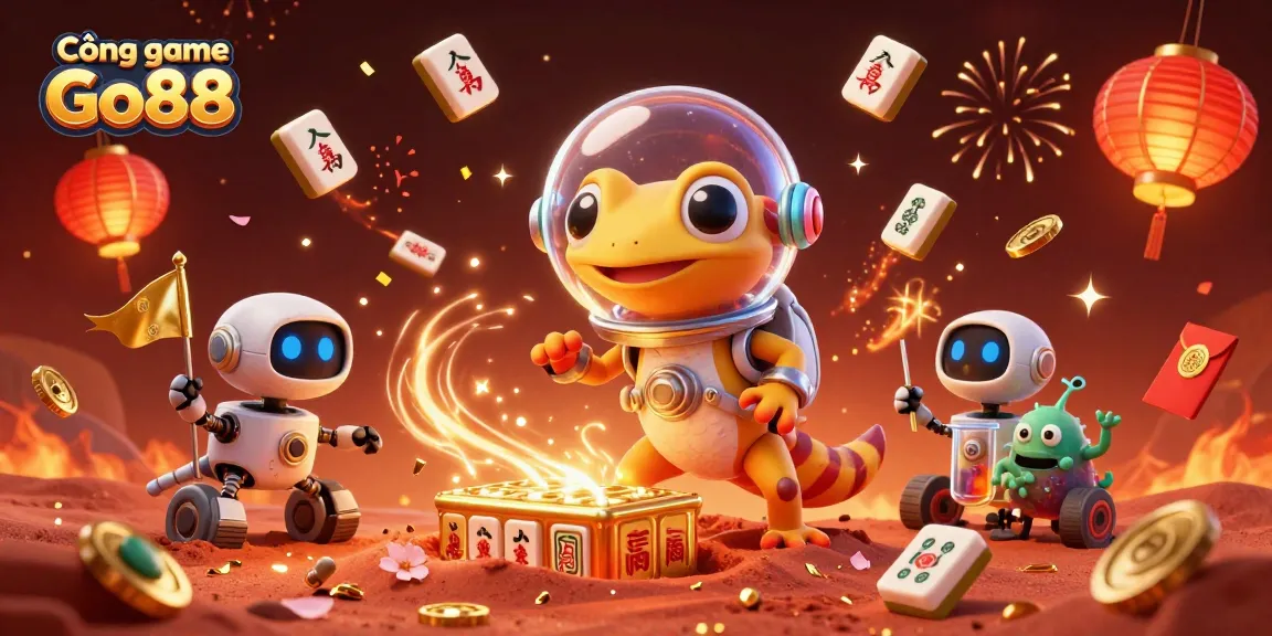 Cổng game Go88 showcases a vibrant 3D scene of a Martian gecko discovering a golden casino with dynamic casino elements.