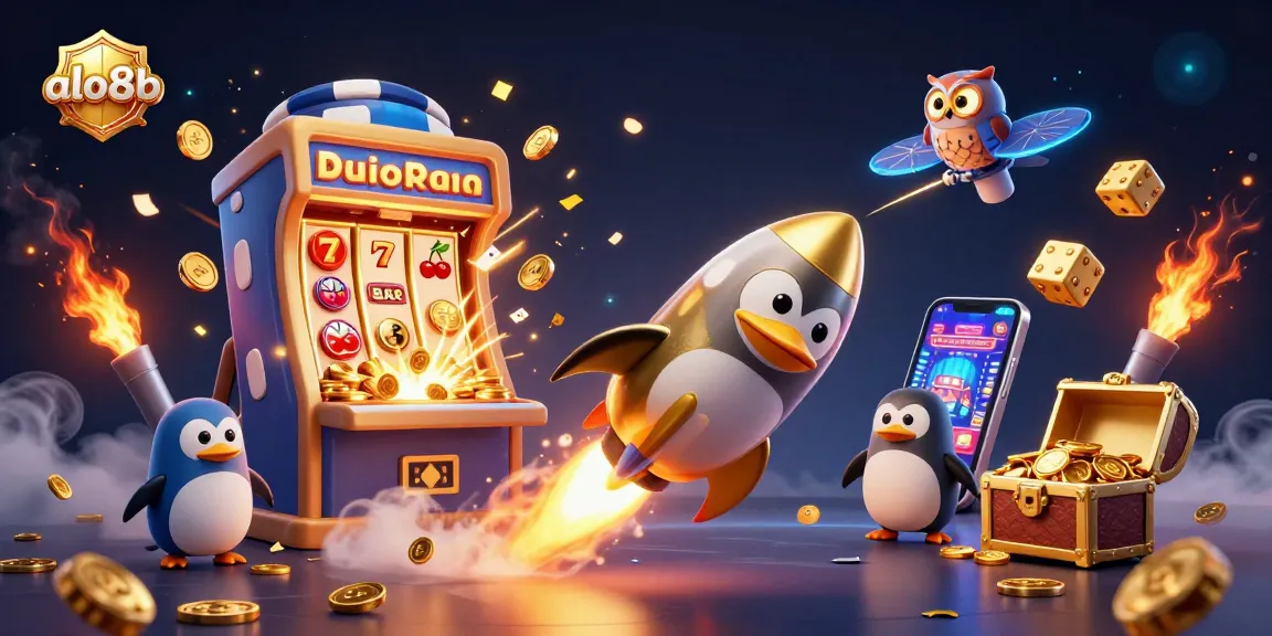 Engage in excitement at alo8b with golden penguin and vibrant casino elements in action.