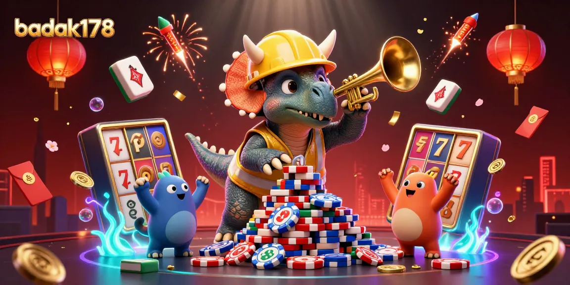 Celebrate casino excitement with badak178's vibrant triceratops building poker chip pyramids in 3D
