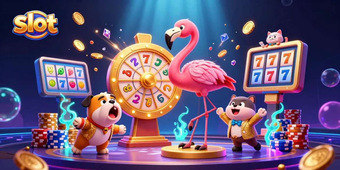 Engage with slot machines and win big alongside a flamingo host and contestant in vibrant casino scene.