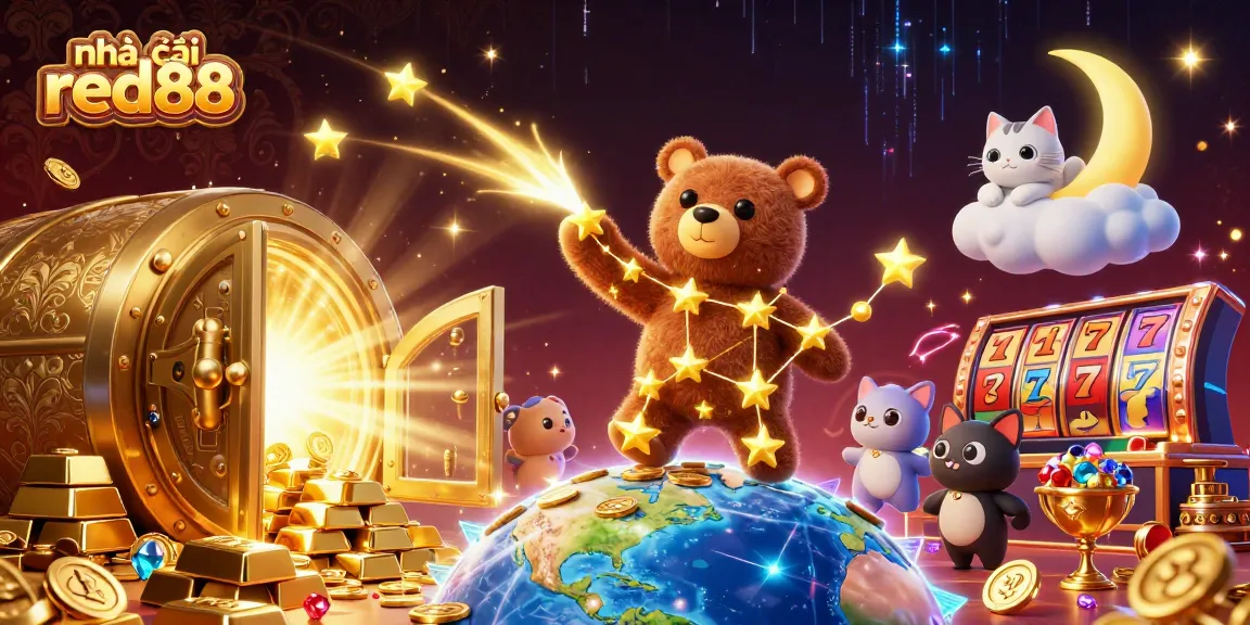 Immerse in the vibrant world of nhà cái red88 with a cosmic bear collecting coins amid dazzling treasures.