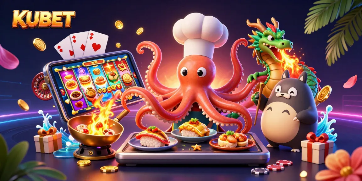 KUBET delivers an engaging 3D scene of a sushi chef octopus and friends enjoying vibrant gambling elements.