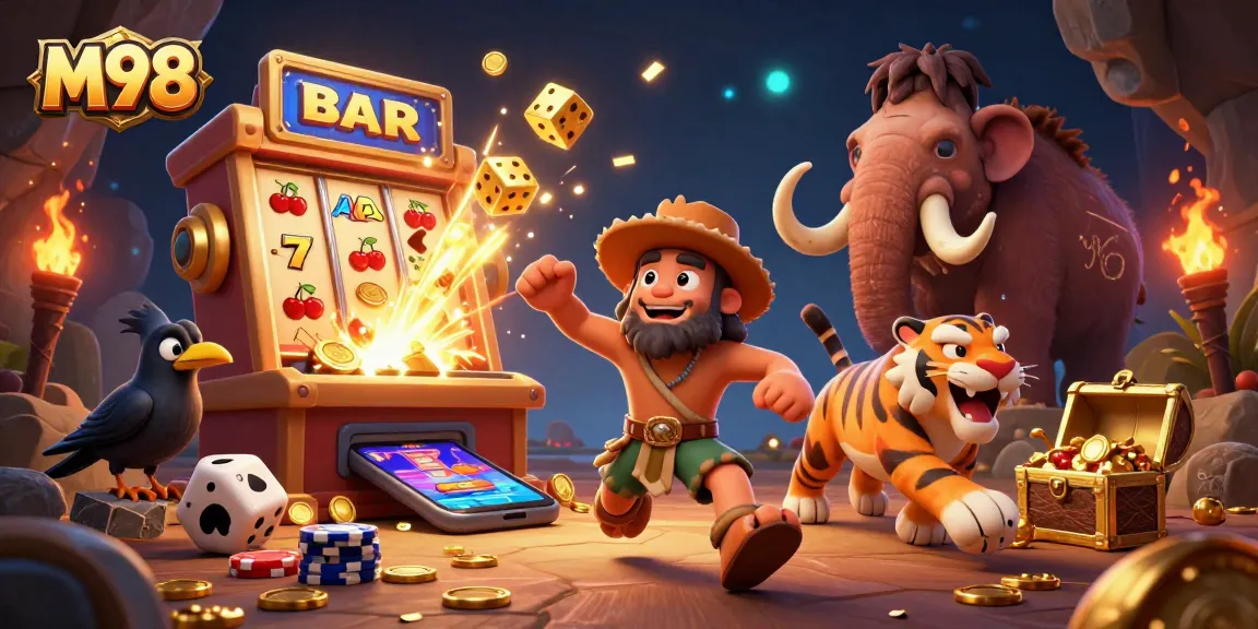 M98 delivers thrilling gaming action with vibrant slot machines and iconic casino symbols in an engaging 3D scene.