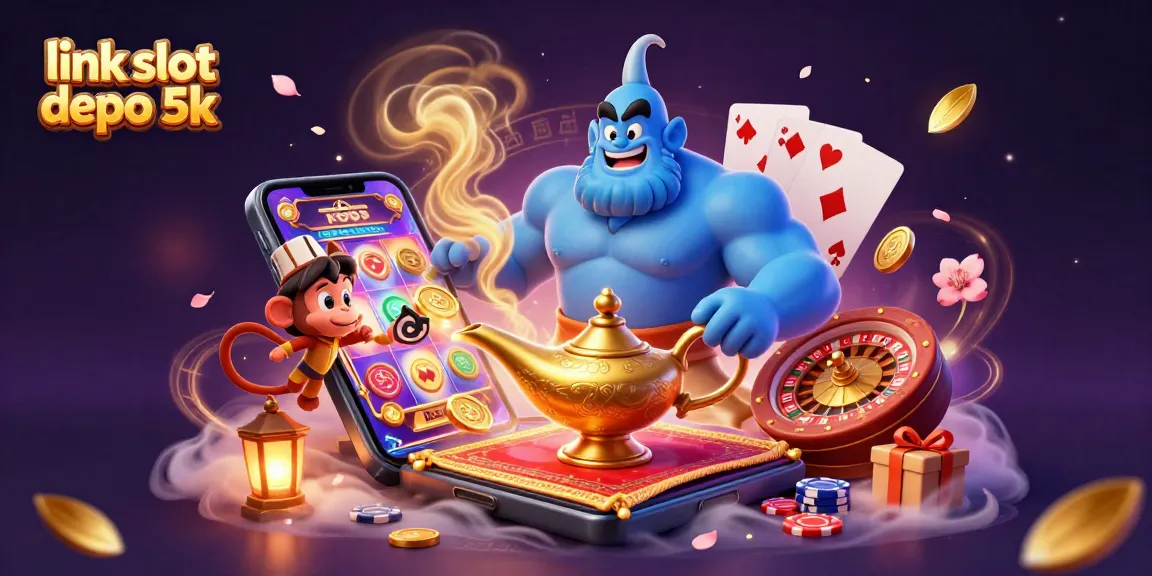 Experience the excitement of link slot depo 5k with vibrant casino elements and magical characters in this stunning illustration.