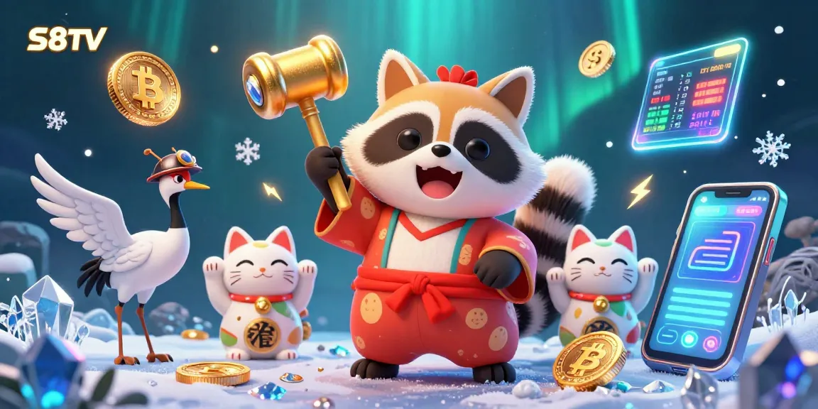 Engage with S8TV's vibrant scene featuring playful tanuki and fortune cats amidst crypto elements and a captivating background.